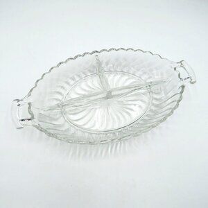 Vintage Fostoria Colonial Swirl Divided Oval Glass Relish Serving Dish Handles